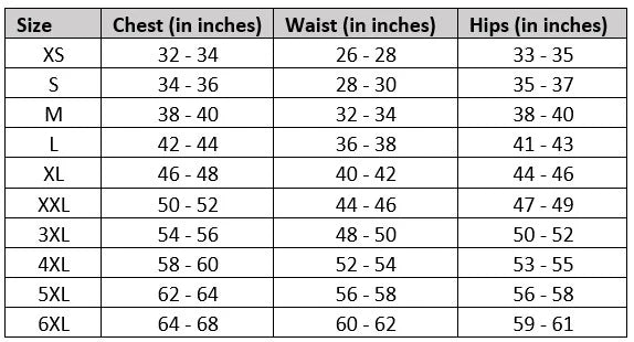 Size chart for clothing with chest, waist, and hips measurements.